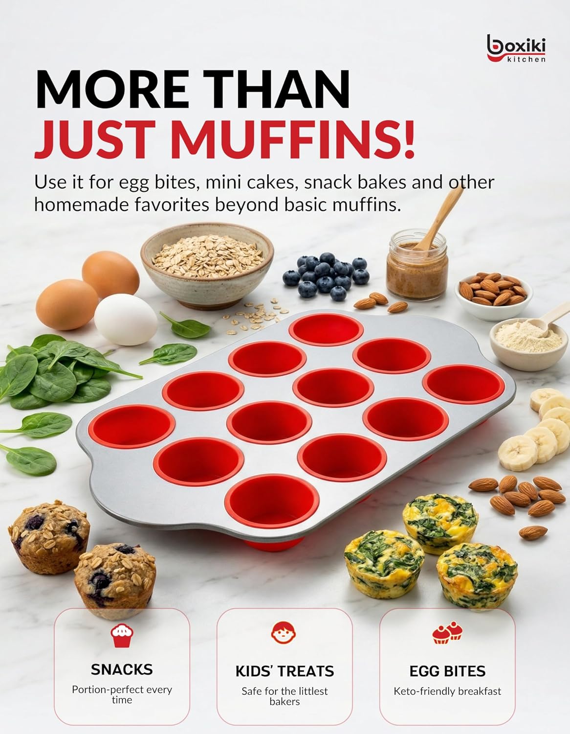 Boxiki Kitchen Non-Stick 12 Cup Silicone Muffin Pan with Steel Frame - BPA Free, Non-Toxic, Anti-Warp, Durable &amp; Easy to Pop Silicone Muffin Tin - Perfect Cupcake Pan