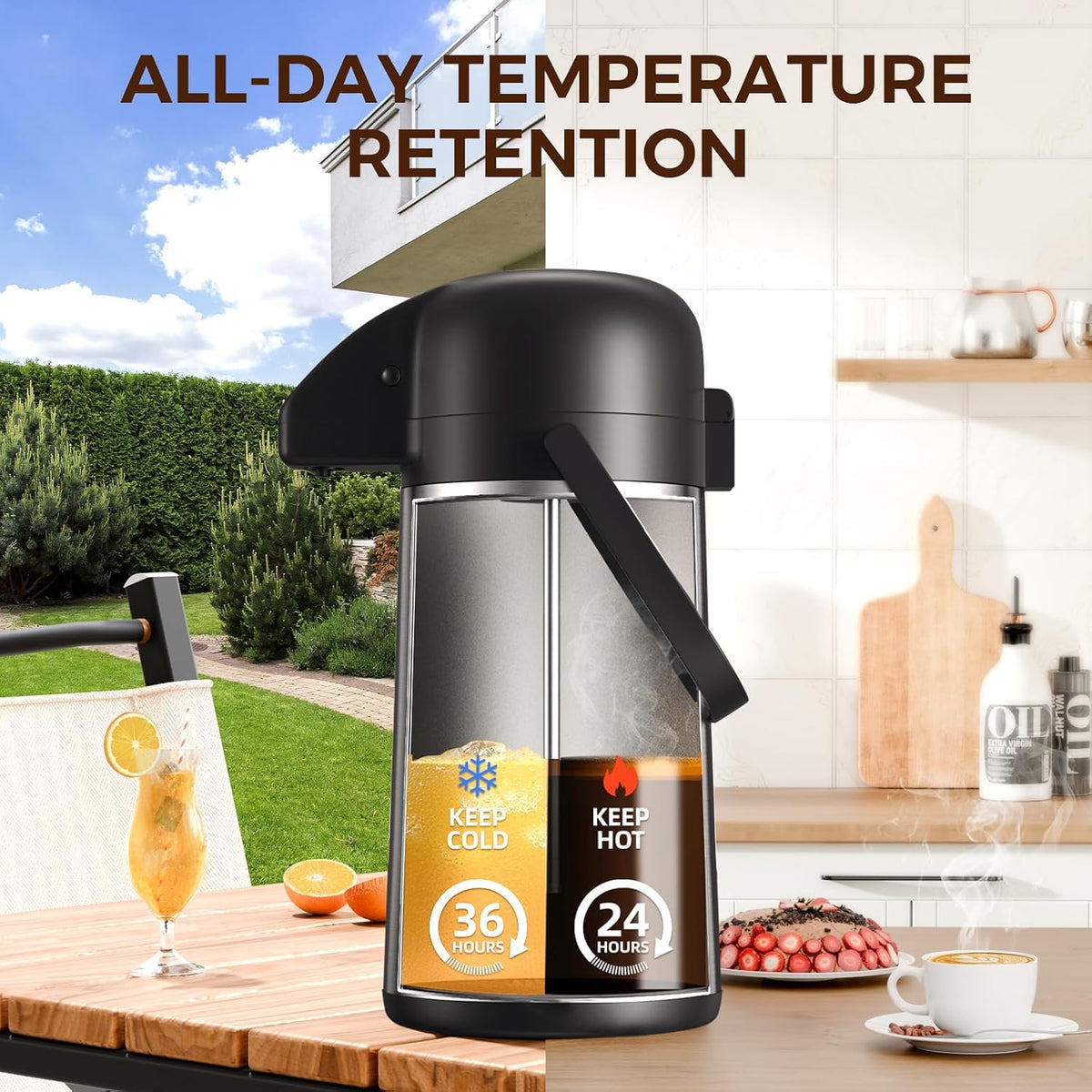 Coffee Carafe for Keeping Hot, 64OZ Airpot Coffee Dispenser with Pump | Large Thermal Coffee Urn for Hot Drinks Tea Liquid, 304 Insulated Stainless Steel Hot Water Beverage Dispenser for Parties