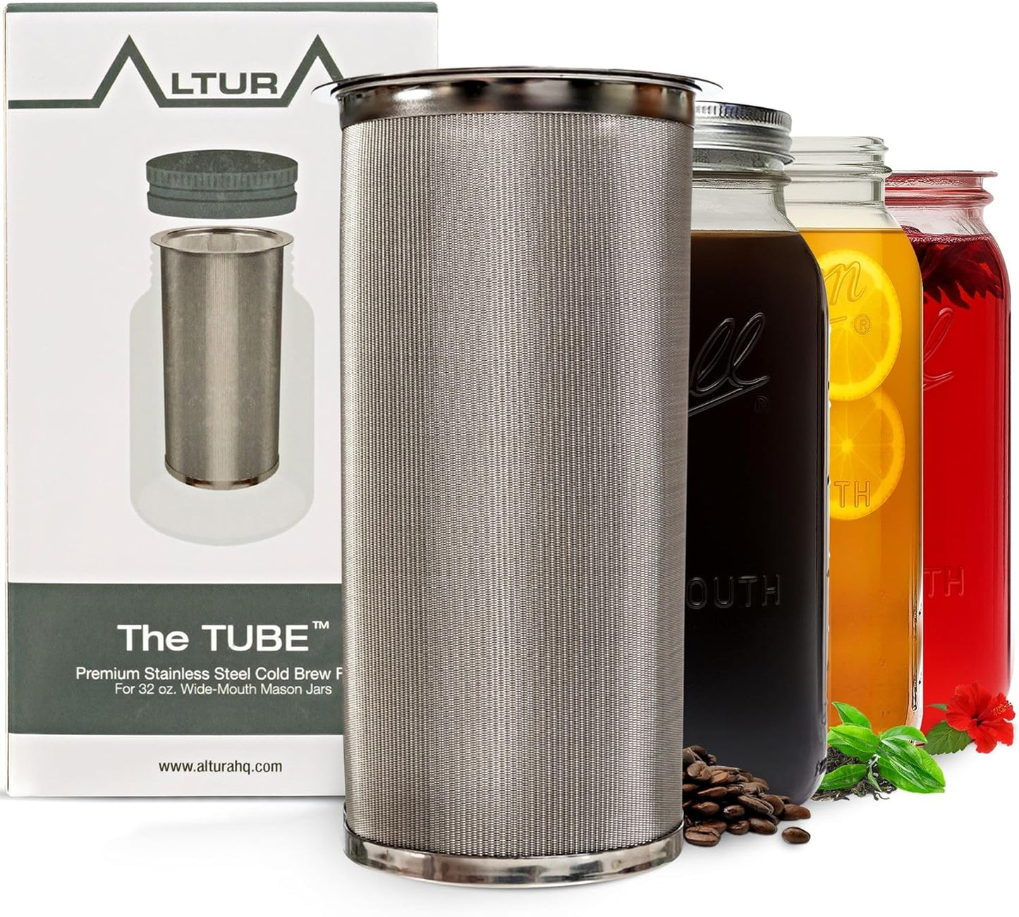 Altura The TUBE Cold Brew Coffee Maker and Tea Infuser for Wide Mouth Mason Jars - Stainless Steel Cold Brew Filter Strainer for Iced Coffee, Fruit Water &amp; More - (32oz/1qt)