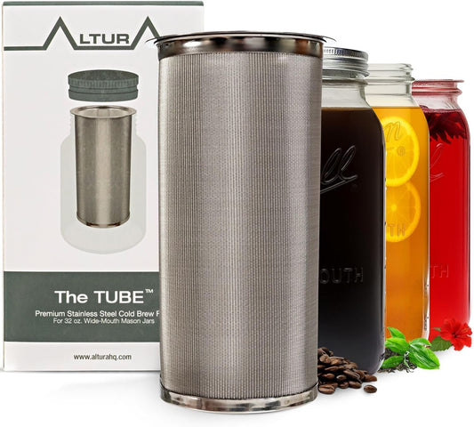 Altura The TUBE Cold Brew Coffee Maker and Tea Infuser for Wide Mouth Mason Jars - Stainless Steel Cold Brew Filter Strainer for Iced Coffee, Fruit Water &amp; More - (32oz/1qt)