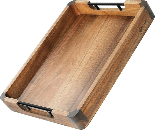 Wood Serving Tray with Handles, 17"x13" Large Decorative Ottoman Tray for Coffee Table, Walnut and Acacia Wooden Serving