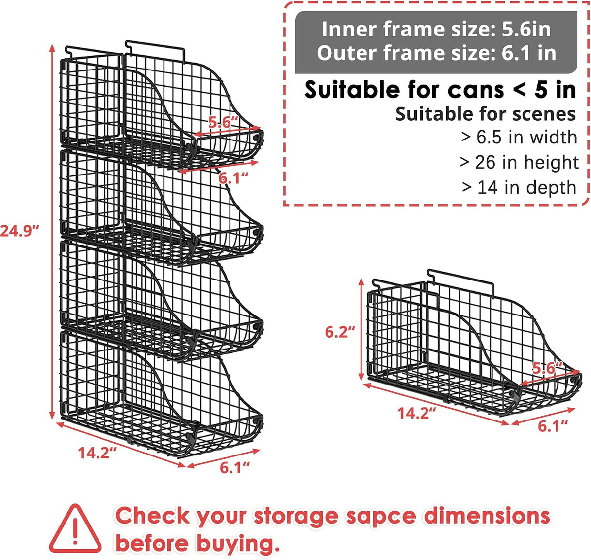 4-Pack Stackable Canned Food Organizer with Handles for Kitchen, Soda Can Organizer for Pantry Shelves, Wire Cabinet Shelf for Can Storage, Foldable Soda Dispenser, Patent Pending, Black