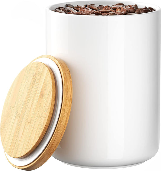 White Ceramic 1050mL 4 cup Food Storage Jar Canister with Airtight Bamboo Lid and Silicone Seal Container for Counter -