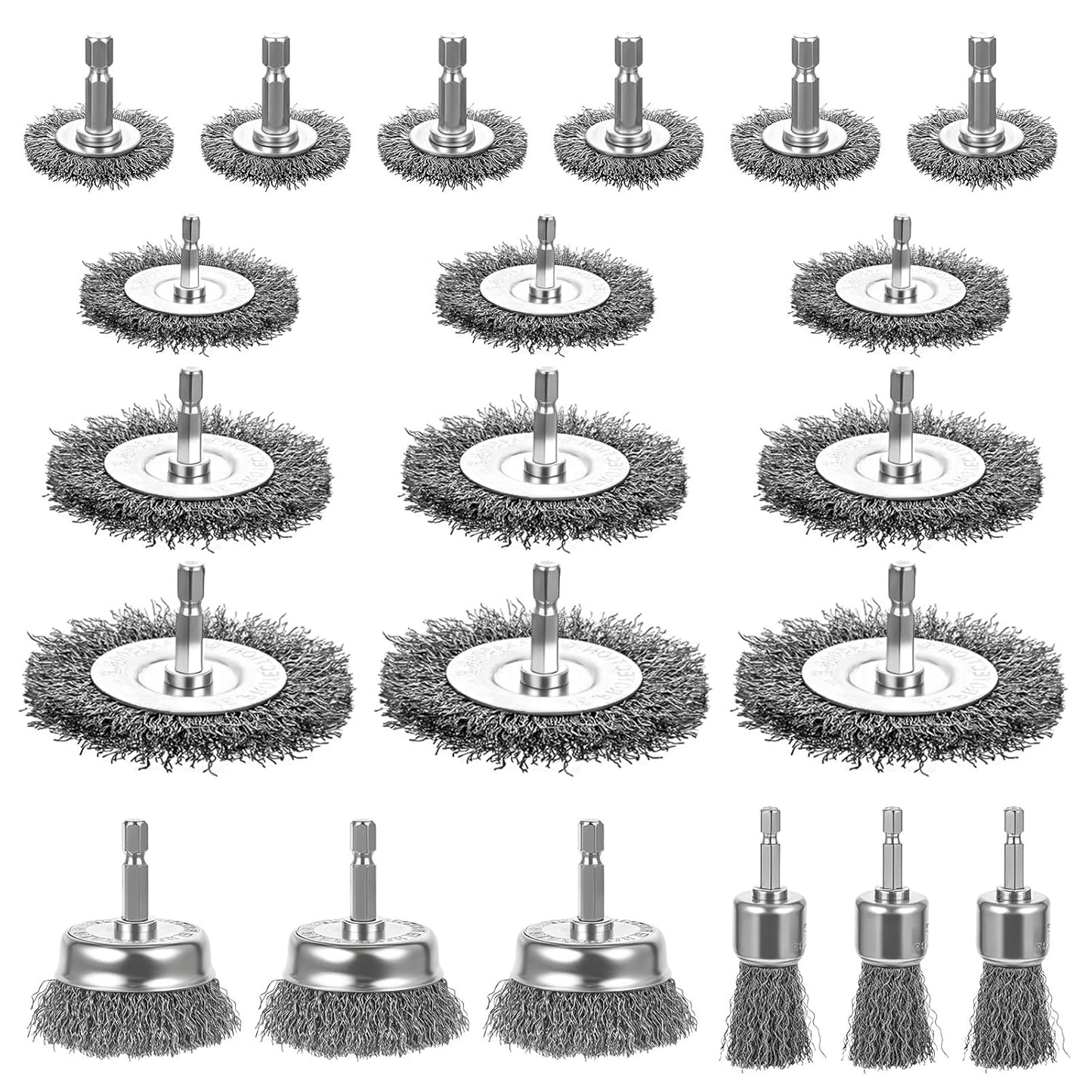 21 Packs Carbon Steel Wire Wheel Brush with 1/4-Inch Hex Shank Cup Pen Wheel Brush Set