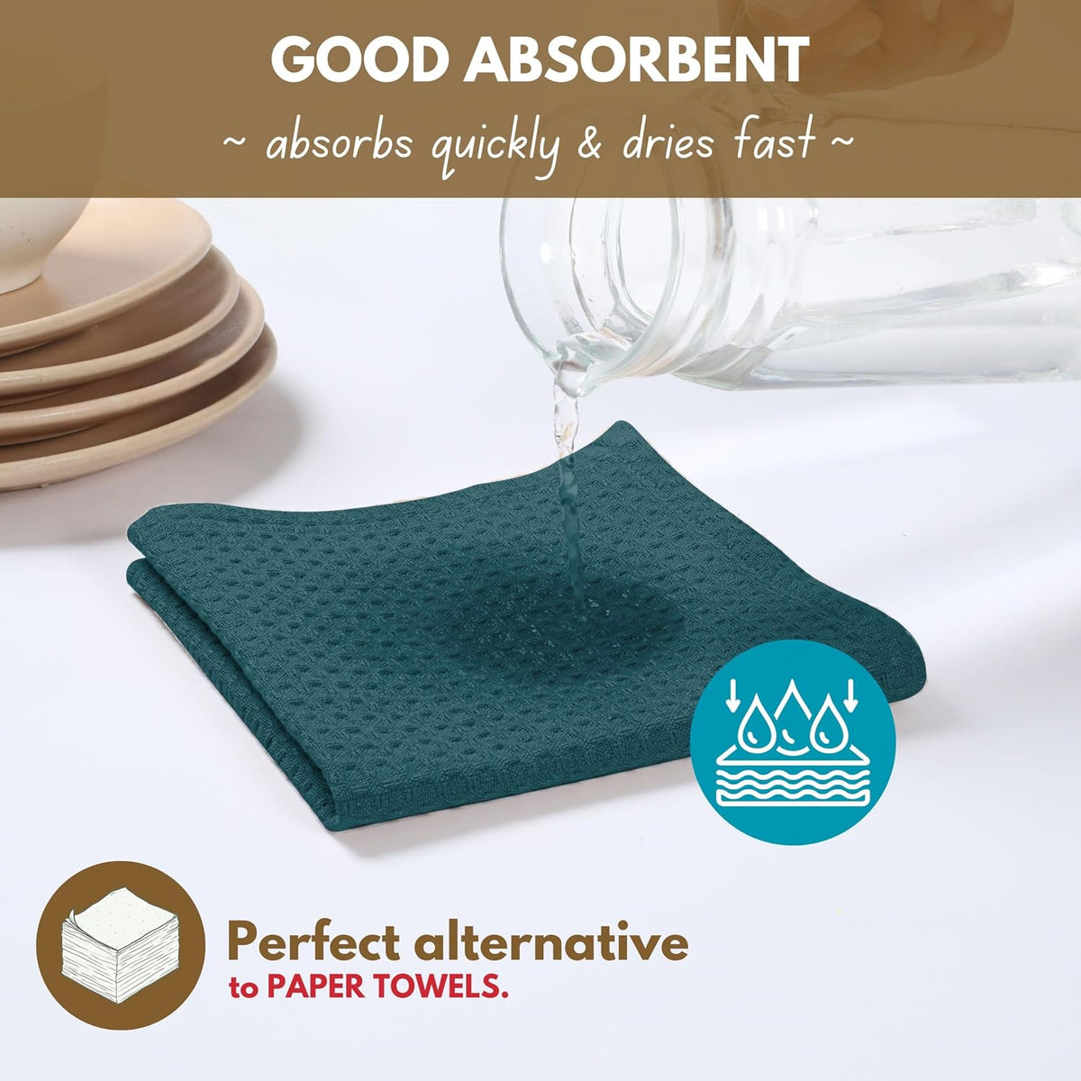 Native Fab 6 Pack Waffle Dish Cloths - 100% Cotton Absorbent, Quick Drying &amp; Soft Towels for Cleaning, Cooking &amp; Baking - Ideal for Home, Restaurants &amp; Cafes - 12x12 Inches - Teal Green