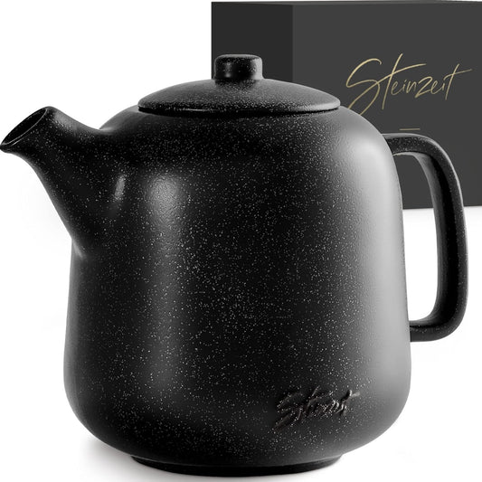 Steinzeit Design Tea Pot (44 oz) - Premium Ceramic Teapot with Infuser for Loose Tea - Black Teapot Ceramic with Removable