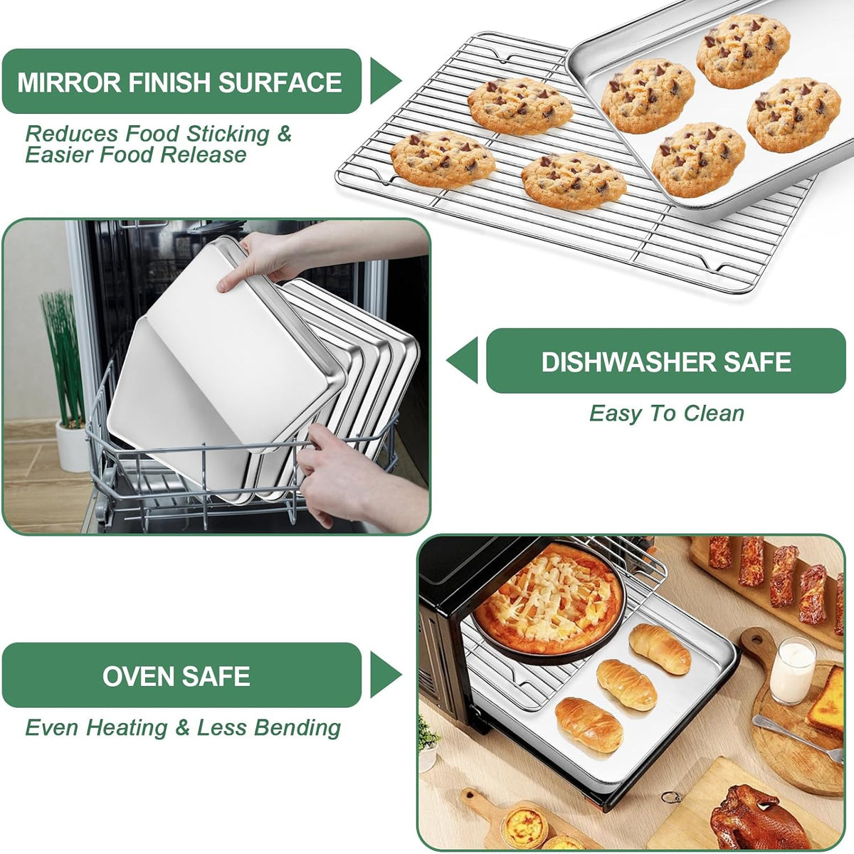 Baking Sheet with Cooling Rack, HKJ Chef 2 Baking Sheets + 2 Baking Racks | Stainless Steel Cookie Sheet with Cooling Rack, Baking Pans for Oven, 12.5x10x1 Inches Nonstick Baking Tray, Warp Resistant