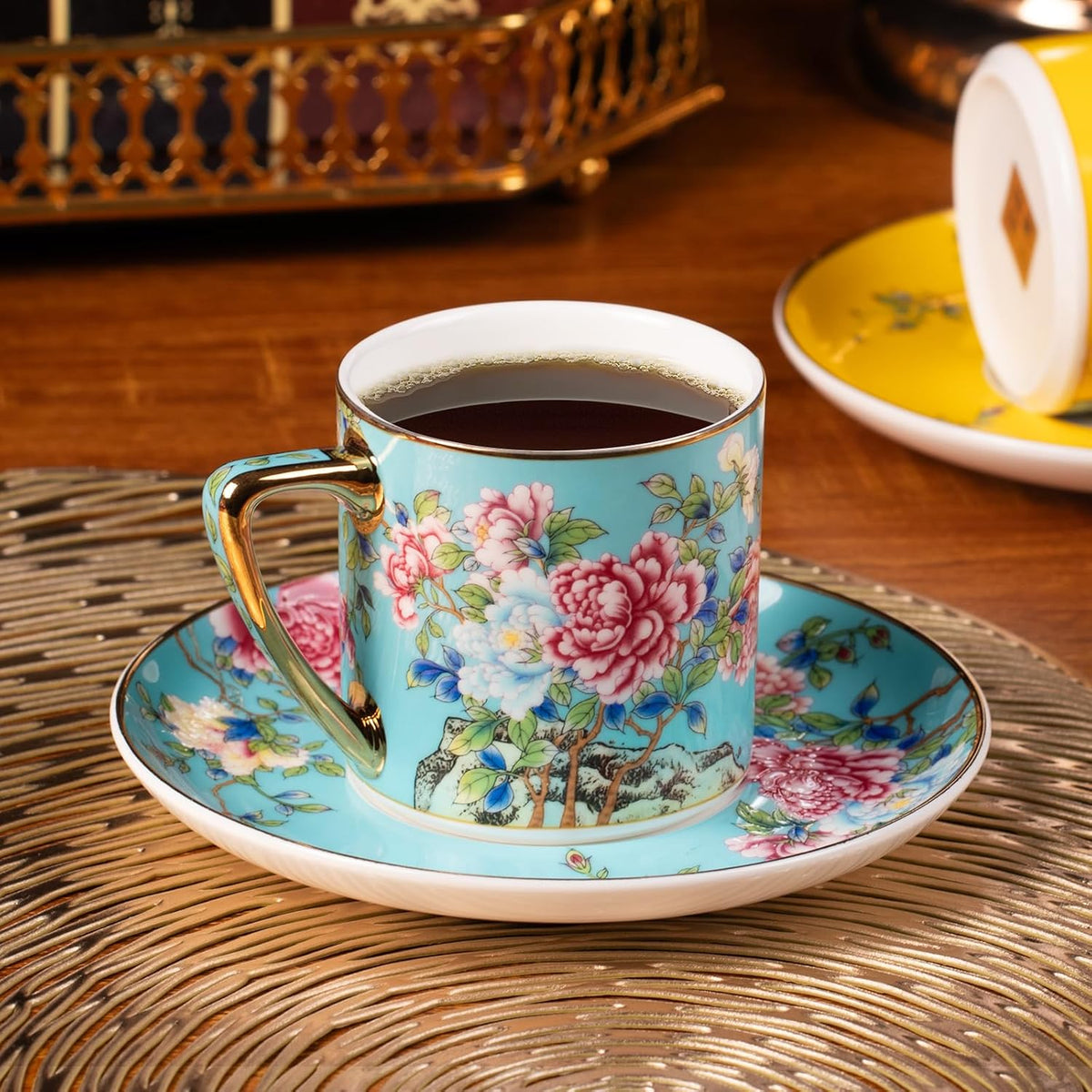 KAMMAK Tea Cup and Saucer, Ceramic Coffee Cups, 7.5 oz, Set of 2 | Porcelain Tea Cups with Saucers for Coffee and Cappuccino, Ideal for Breakfast, Afternoon Tea and Entertaining,633+634N