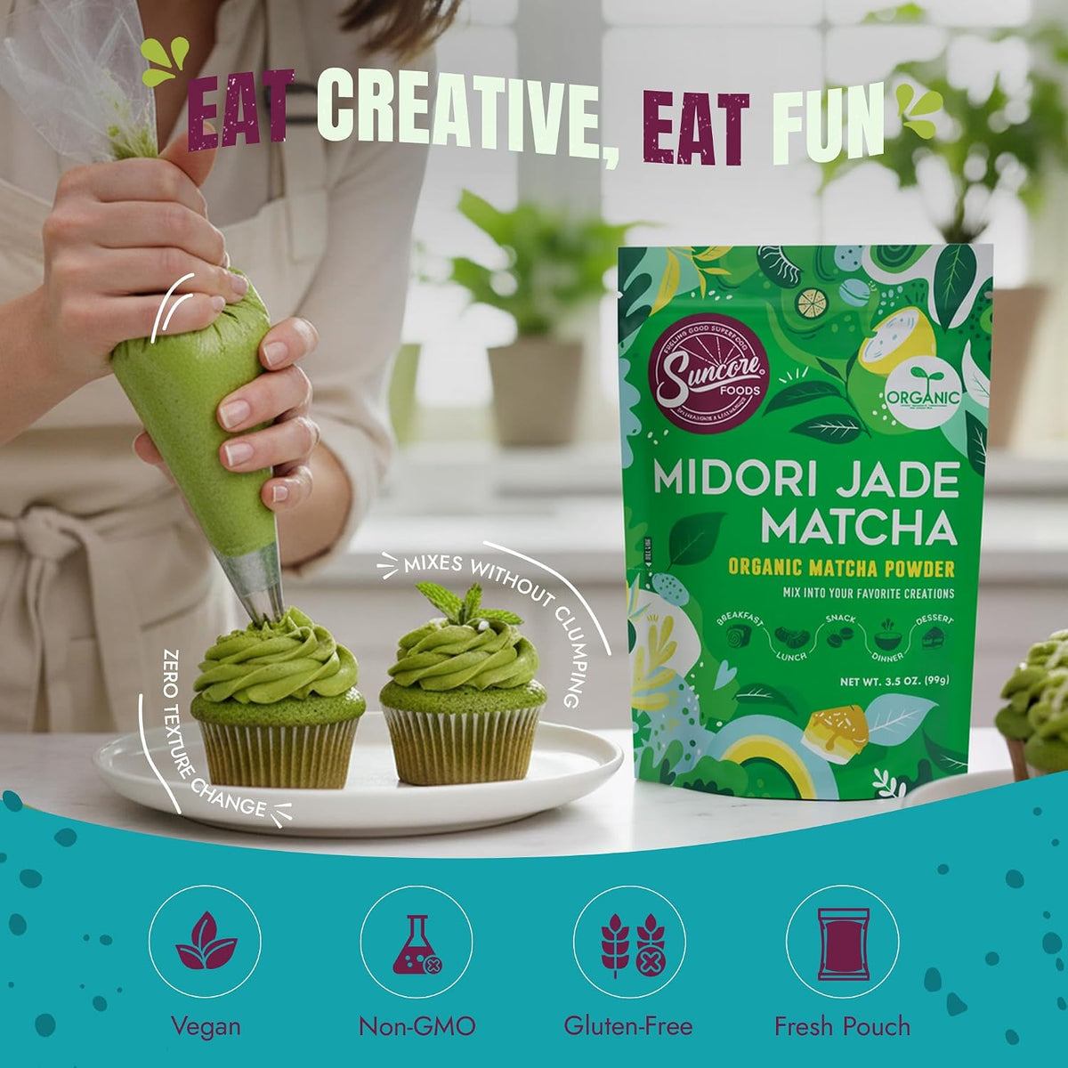 Suncore Foods Organic Midori Jade Matcha Powder 3.5oz | Gluten Free | Vegan | Natural Green Food Coloring, Japanese Premium Culinary Grade Matcha, For Baking, Desserts, Lattes, Non-GMO, Resealable Pouch