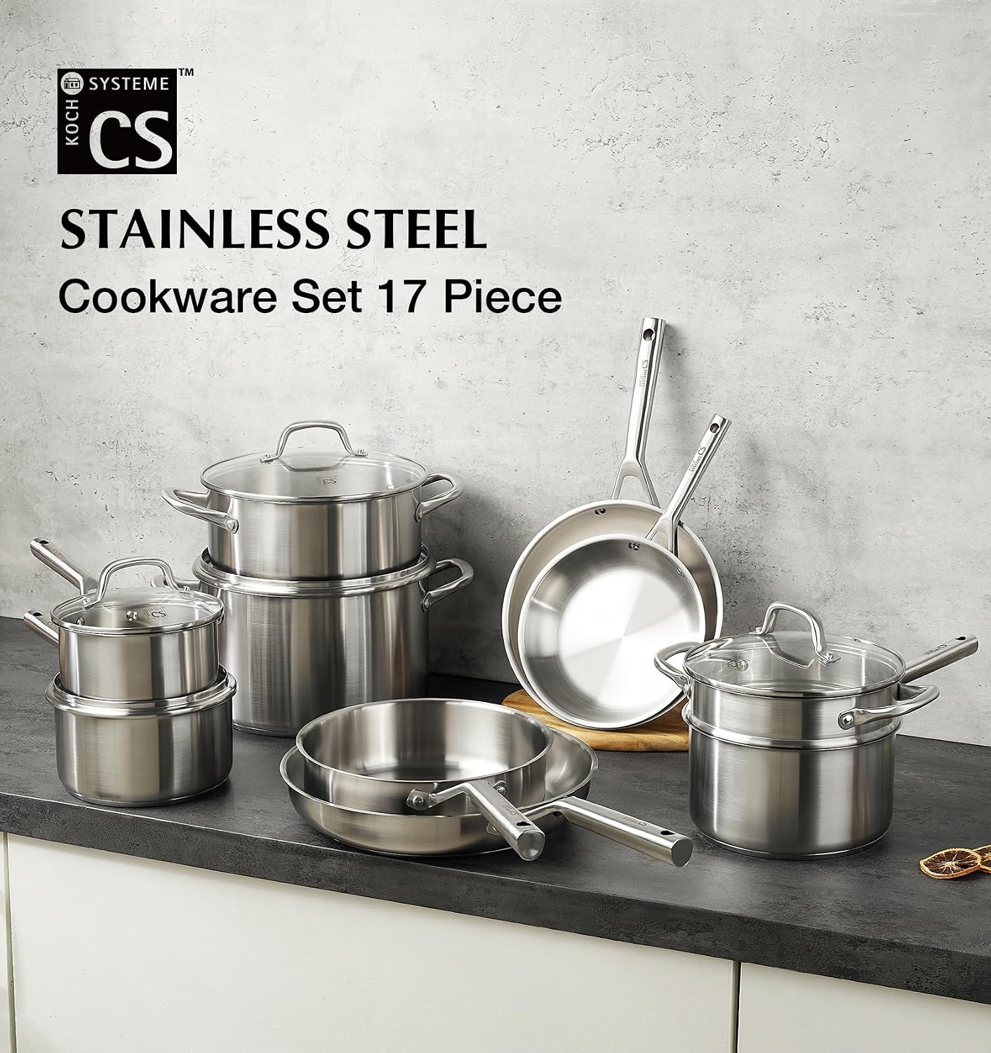 KOCH SYSTEME CS Stainless Steel Cookware Set 17 Piece with 5 Layer Base, Professional 18/10 Stainless Steel Pots and Pan
