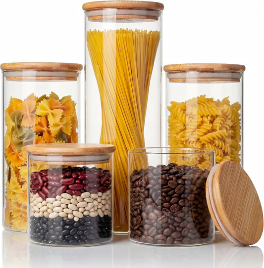 Round Glass Storage Containers with Bamboo Lids for Pasta & Flour