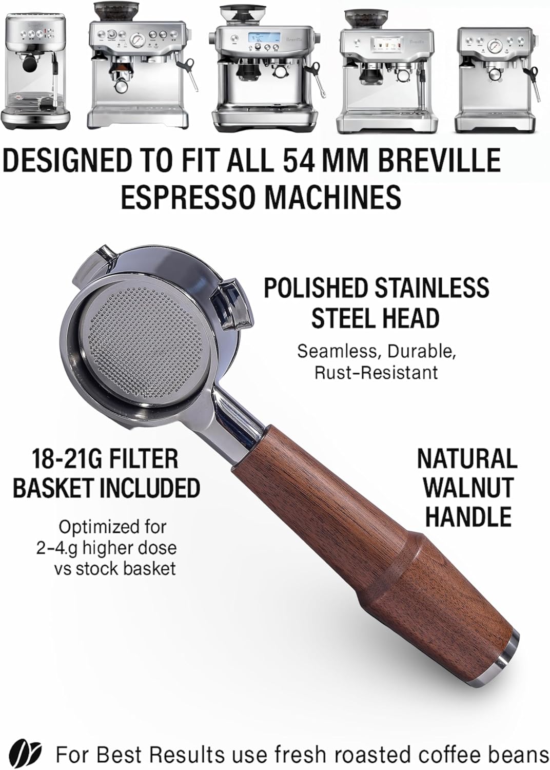 Walnut Bottomless Portafilter 54mm for Breville Barista Express, Pro, Touch, Bambino Plus | Premium Naked Portafilter | Fits BES870XL, BES878, BES880 | Includes 18–21g Filter Basket