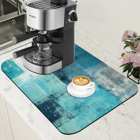 Teal and Grey Abstract Art Dish Drying Mat for Kitchen Counter Coffee Bar Mat Hide Stain Absorbent Rubber Backed Drying Rack