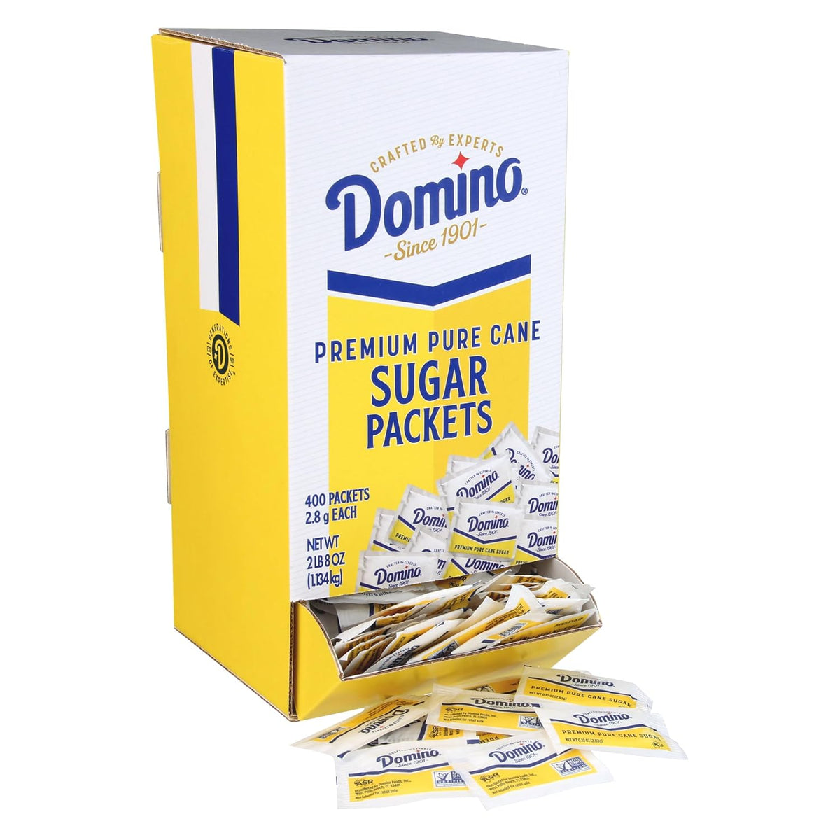 Domino® White Sugar Packets, 400 Count Dispenser Box, 0.10 oz Each | Pre-measured Portions, Mess Free Dispensing, Countertop Ready Access, Ideal for Coffee, Tea, Beverage Service, Single Use