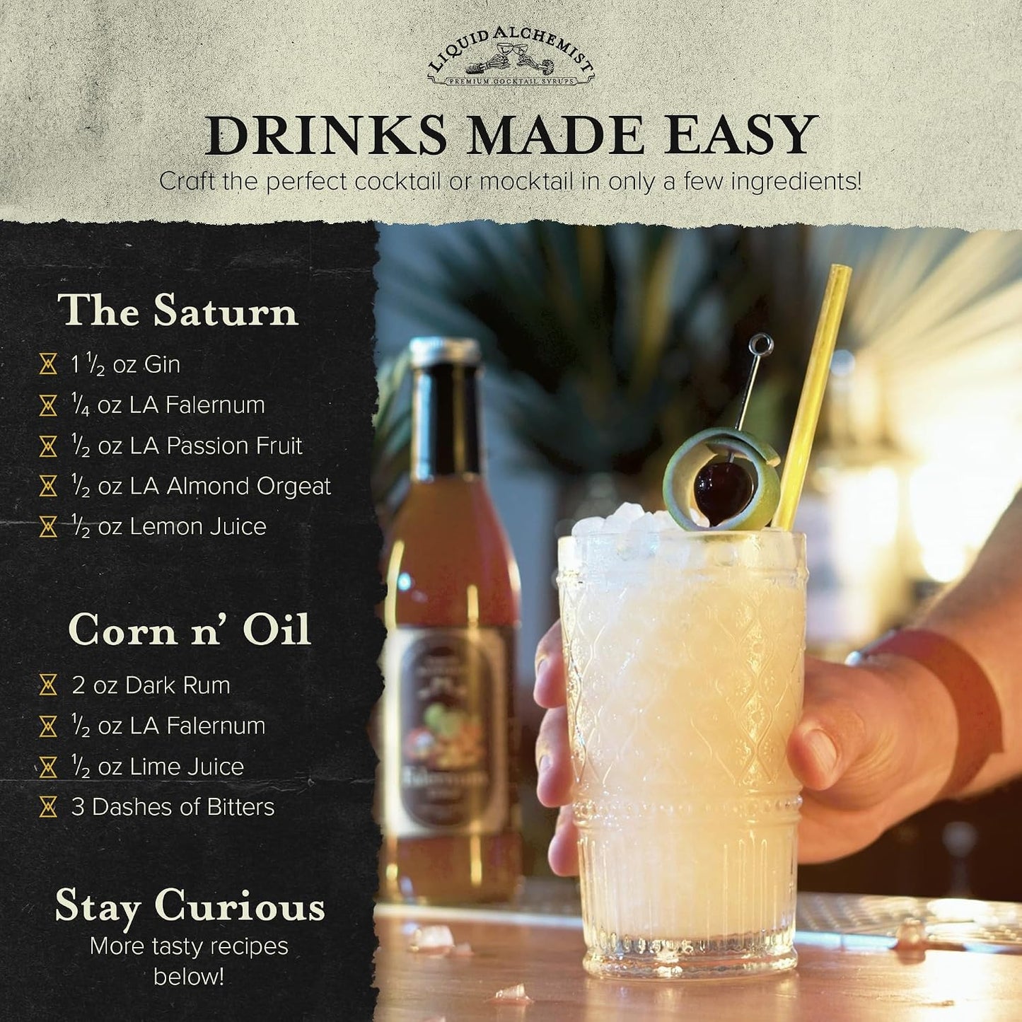 Liquid Alchemist Falernum Syrup for Cocktails | Real Ingredients Make our Falernum Cocktail Syrup a Great Mixer for any Tiki Drink | Small Batch, Non-GMO &amp; Vegan | 12.7 oz Drink Mixer, Pack of 1
