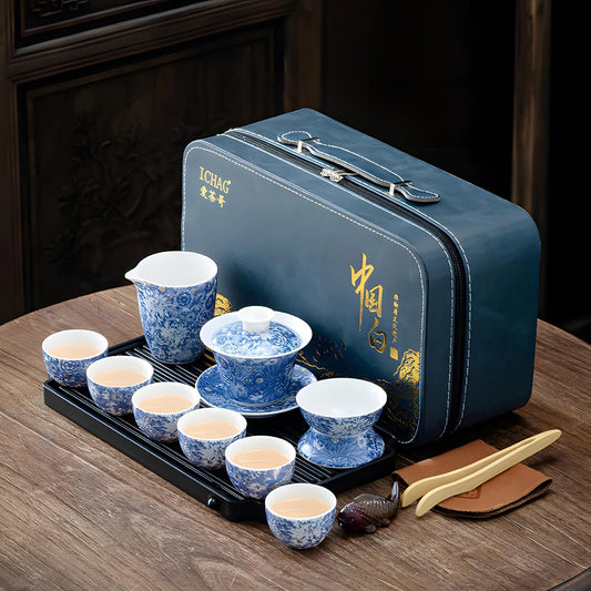 ICHAG Chinese Tea Set, Gongfu Tea Sets for Adults, Asian Gaiwan Teaset, 14-Piece Yangzhi Jade (羊脂玉茶具) with Suspended Gaiwan