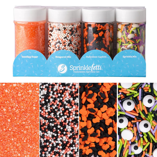 Sweets Indeed Halloween Sprinkles 4-Pack – 10.90 oz Jar Set | Candy Eyeball Mix, Bat & Pumpkin Quin Mix, Orange Sanding