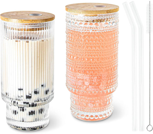 11 oz Drinking Glasses Cups Set of 2 with Bamboo Lids Straws Brush Vintage Small Glassware Set for Mojito Iced Coffee