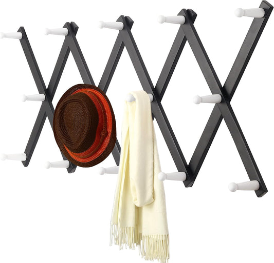 Dseap Accordian Wall Hanger: 16” High Wooden Wall Expandable Coat Rack, Hat Rack Holder, Accordion Hook for Baseball Caps,