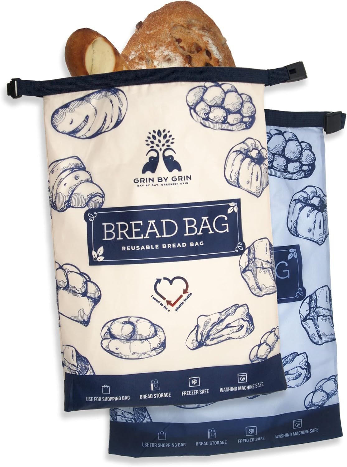 GRIN BY GRIN- 2 Packs Bread Bags, Zipper Reusable Bread Bags for Homemade Loaf, Freezer Sourdough Container, Fresh Keeping Extra Large, Reusable Food Storage Bag