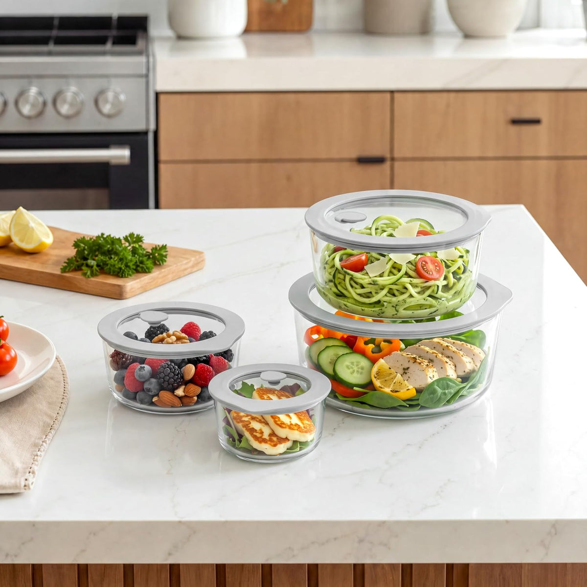 Glass Food Containers with Glass Lid, Microwave Safe Food Storage Container, Large 4 Pack Round Shape, Food Containers with Lids, Meal Prep containers with Leak Proof Lid.