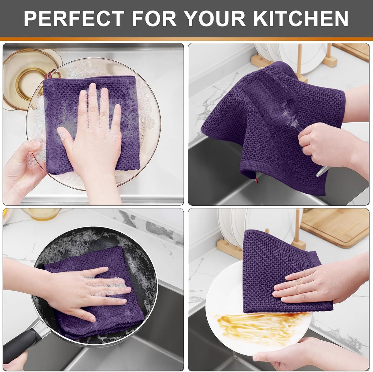 Kitinjoy 100% Cotton Kitchen Dish Cloths (12 X 12 Inches, Eggplant),6 Pack Waffle Weave Ultra Soft Absorbent Dish Towels for Drying Dishes Quick Drying Kitchen Towels Dish Rags