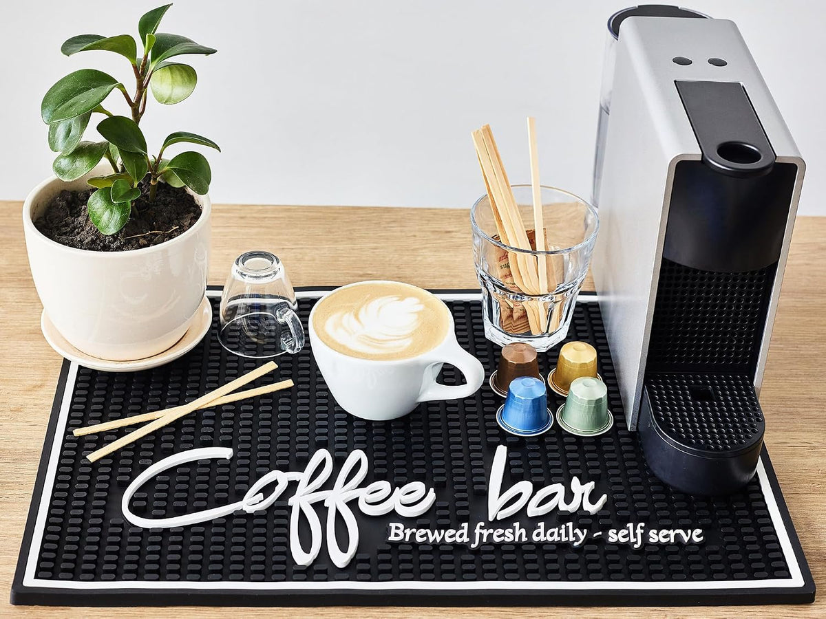 Brewed Fresh Daily Silicone Coffee Bar Mat 18x12 in, Self Serve Coffee Station Sign Mat, Hostess Gift, Farmhouse Kitchen Decor, Non-Slip Espresso Machine Mat, Barista Accessories