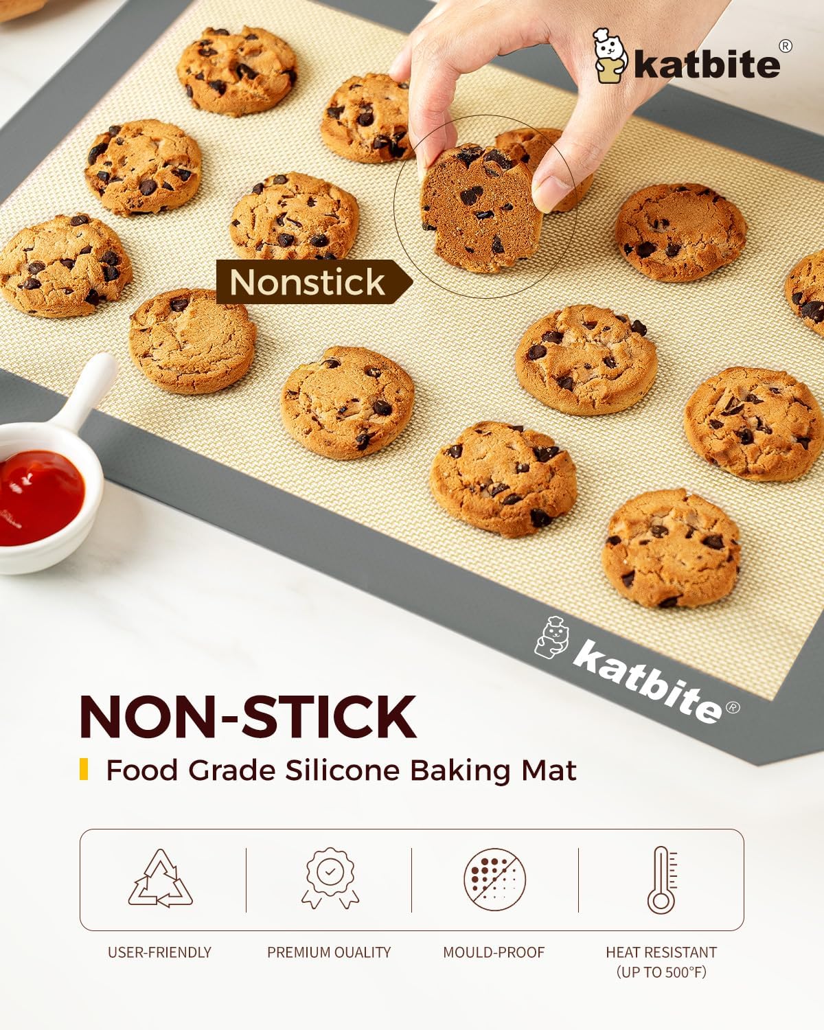 Katbite Silicone Baking Mat Set of 3 Grey | 2 Half Sheets Mats + 1 Quarter Baking Sheet, Reusable &amp; Nonstick Bakeware Mats for Cookies, Macarons, Bread