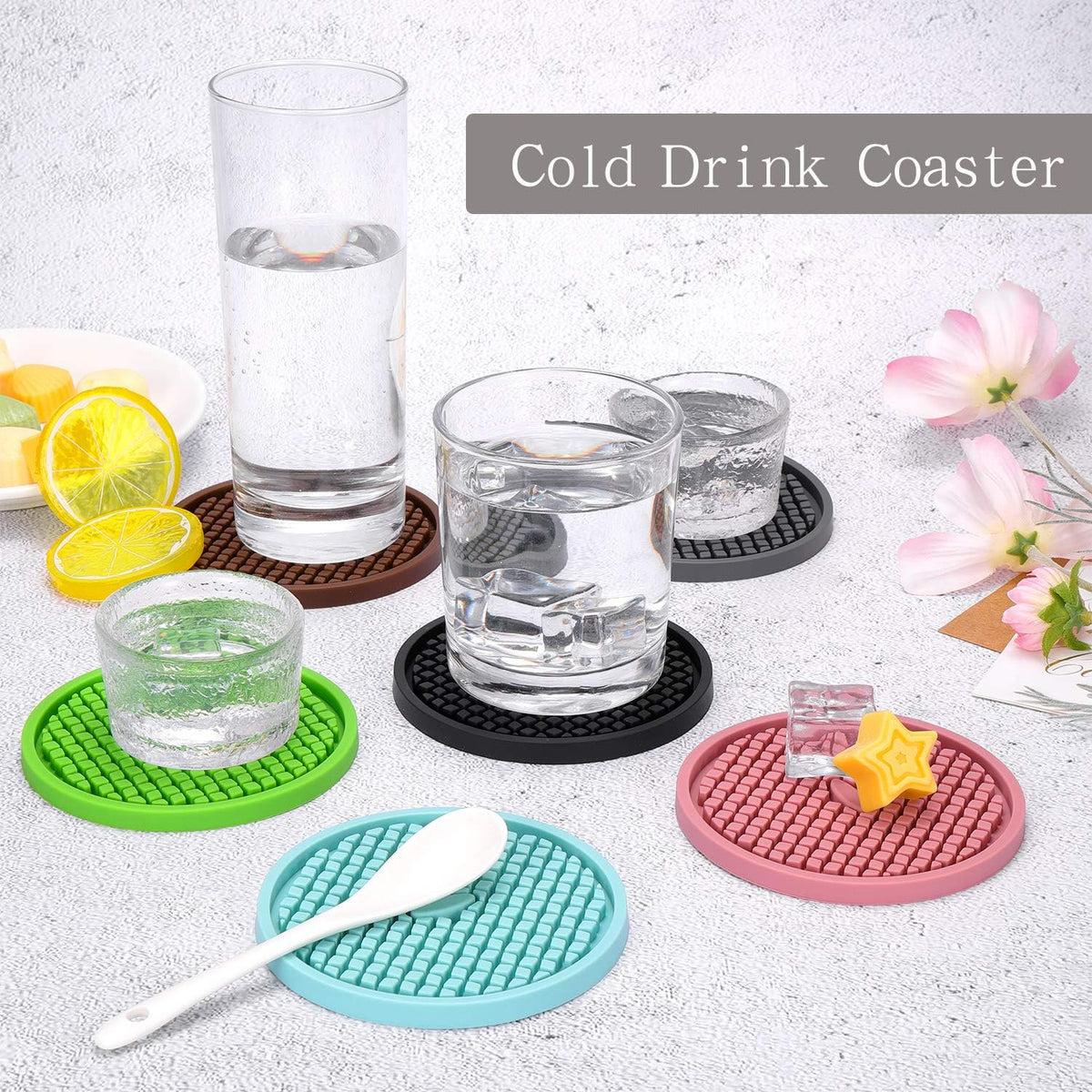 ME.FAN Silicone Coasters [6 Pack] Thickened Drink Coasters with Holder - Cup Mat - Non-Slip, Non-stick, Stay Put, Deep Tray - Prevents Furniture and Tabletop Damages(Coffee)