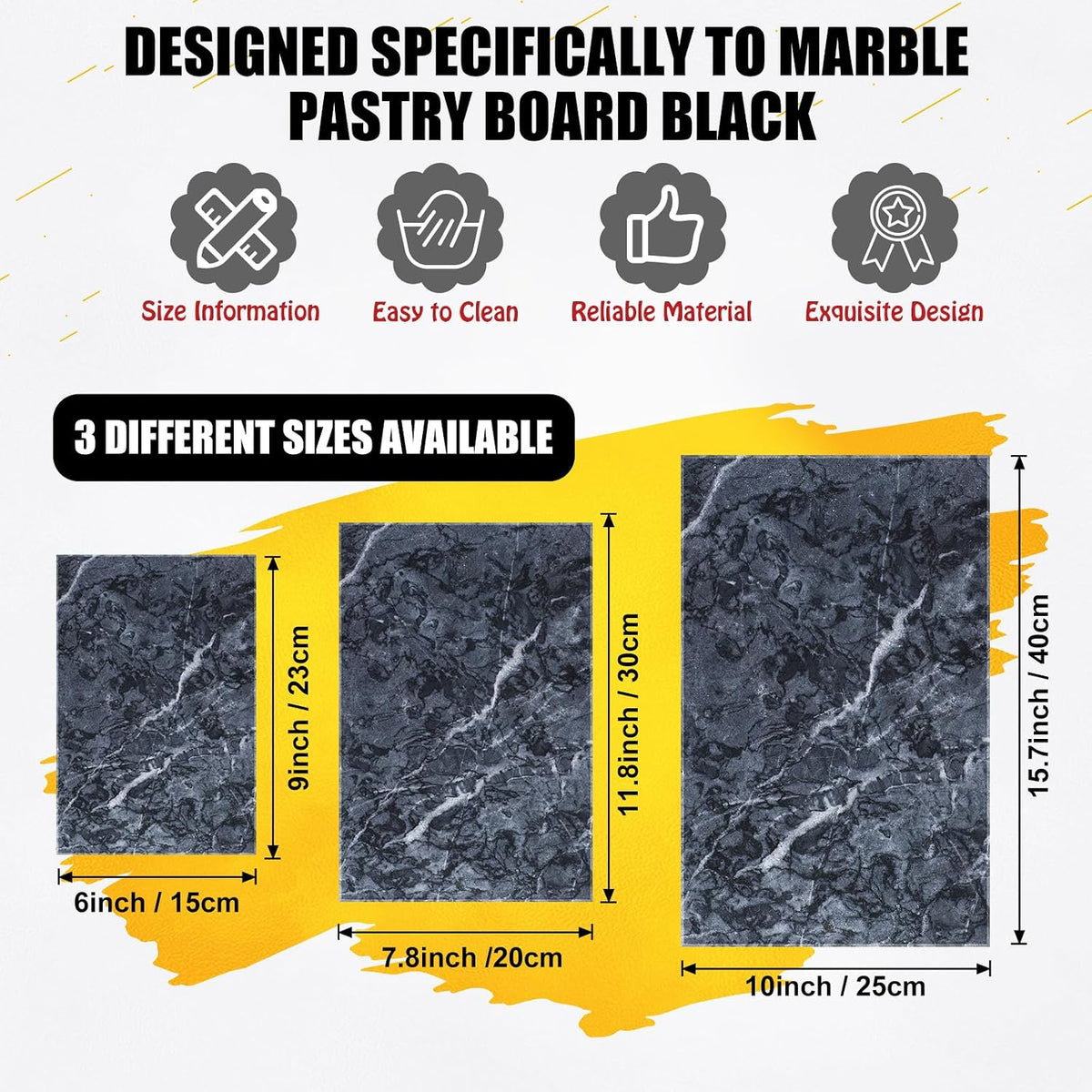 Hushee 3 Pcs Marble Cutting Board for Kitchen Different Size, Black