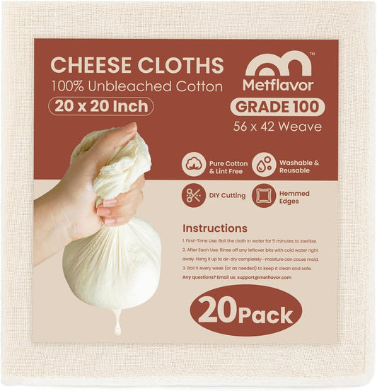 20Pcs Reusable Cheesecloth for Straining 20x20 Inch,100 Grade Cheese Cloths Hemmed Edges, 100% Unbleached Cotton Cheese