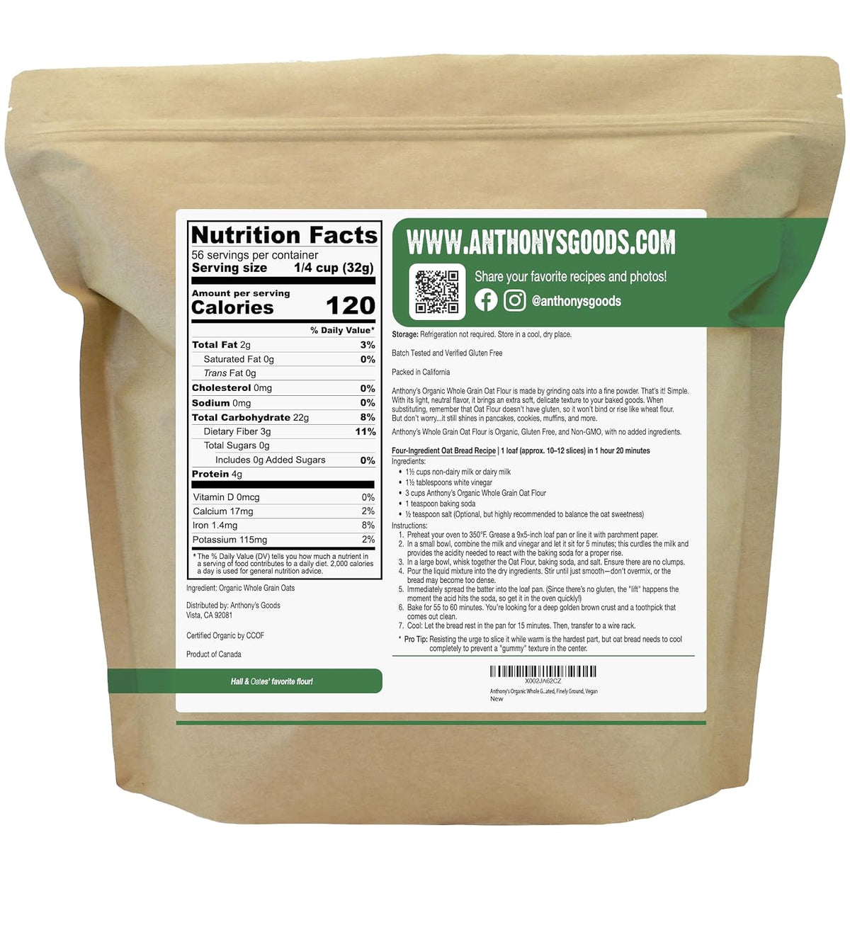 Anthony's Organic Whole Grain Oat Flour