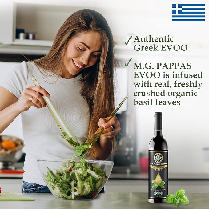 M.G. PAPPAS High Polyphenol Rich Basil Infused Olive Oil - Extra Virgin Olive Oil - Over 500mg/kg - Cold Pressed & Unfiltered - High Hydroxytyrosol Greek Olive Oil - Award Winning