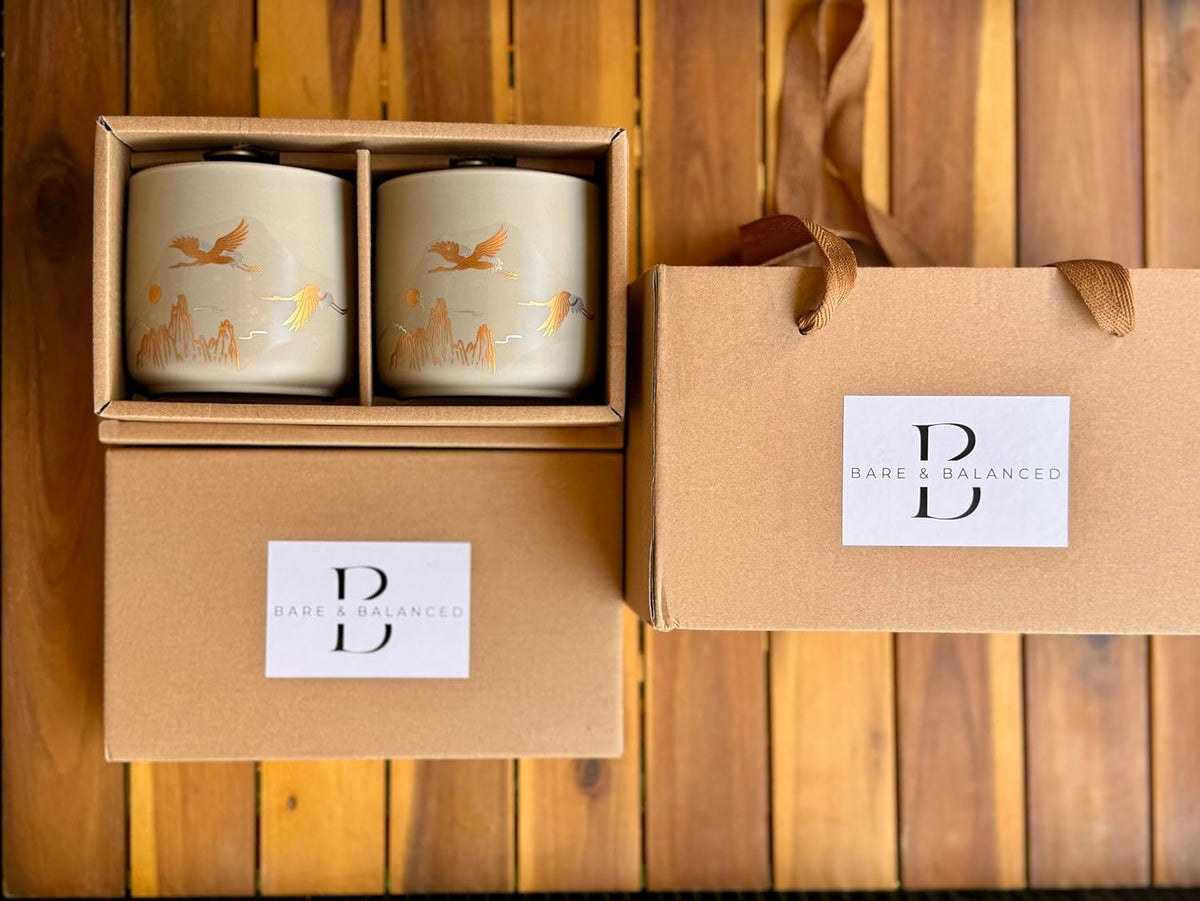 Bare & Balanced Premium Ceramic Tea Canister Set – Handcrafted Storage Jars with Airtight Lids | Crane & Mountain Design | Ideal for Tea, Coffee, Spices | Gift-Ready Box (Light beige)
