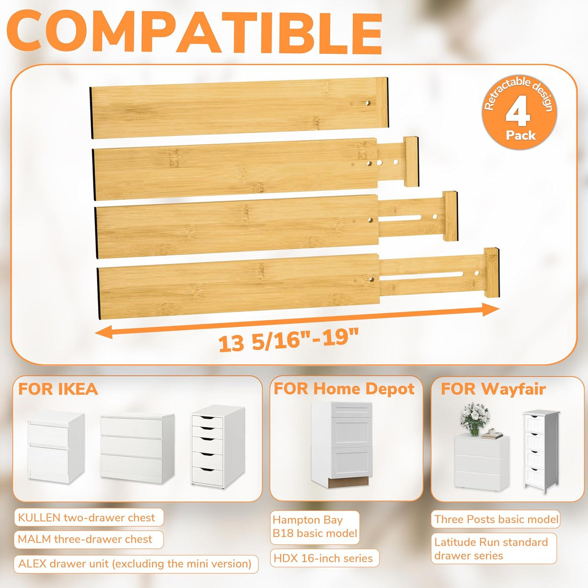 BAMEOS Bamboo Expandable Drawer Dividers – Fits 13.3"–19" Drawers, 2" High, Set of 4 | Spring-Loaded Bamboo Separator for Kitchen Island, Bathroom Vanity &amp; Dresser Drawers
