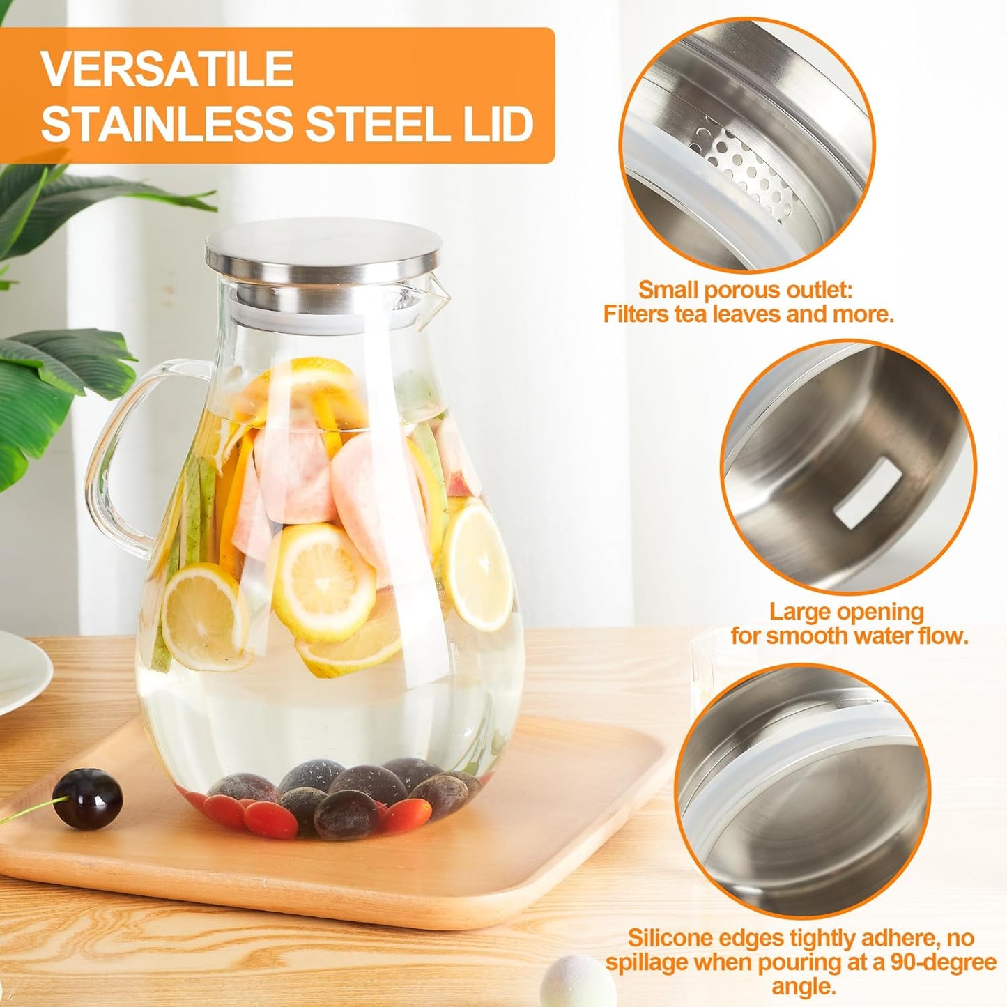 1 Gallon Glass Pitcher with Lid and Handle, Hot &amp; Cold Water Jug, Extra-Wide Mouth Beverage Carafe for Juice, Iced Tea &amp; Drinks