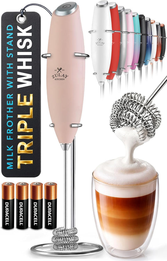 Zulay Kitchen Powerful Milk Frother Wand With Duracell Batteries - Ultra Fast Handheld Drink Mixer - Electric Whisk Foam Maker for Coffee, Lattes, Cappuccino &amp; Matcha - Triple Whisk - Peach Pink