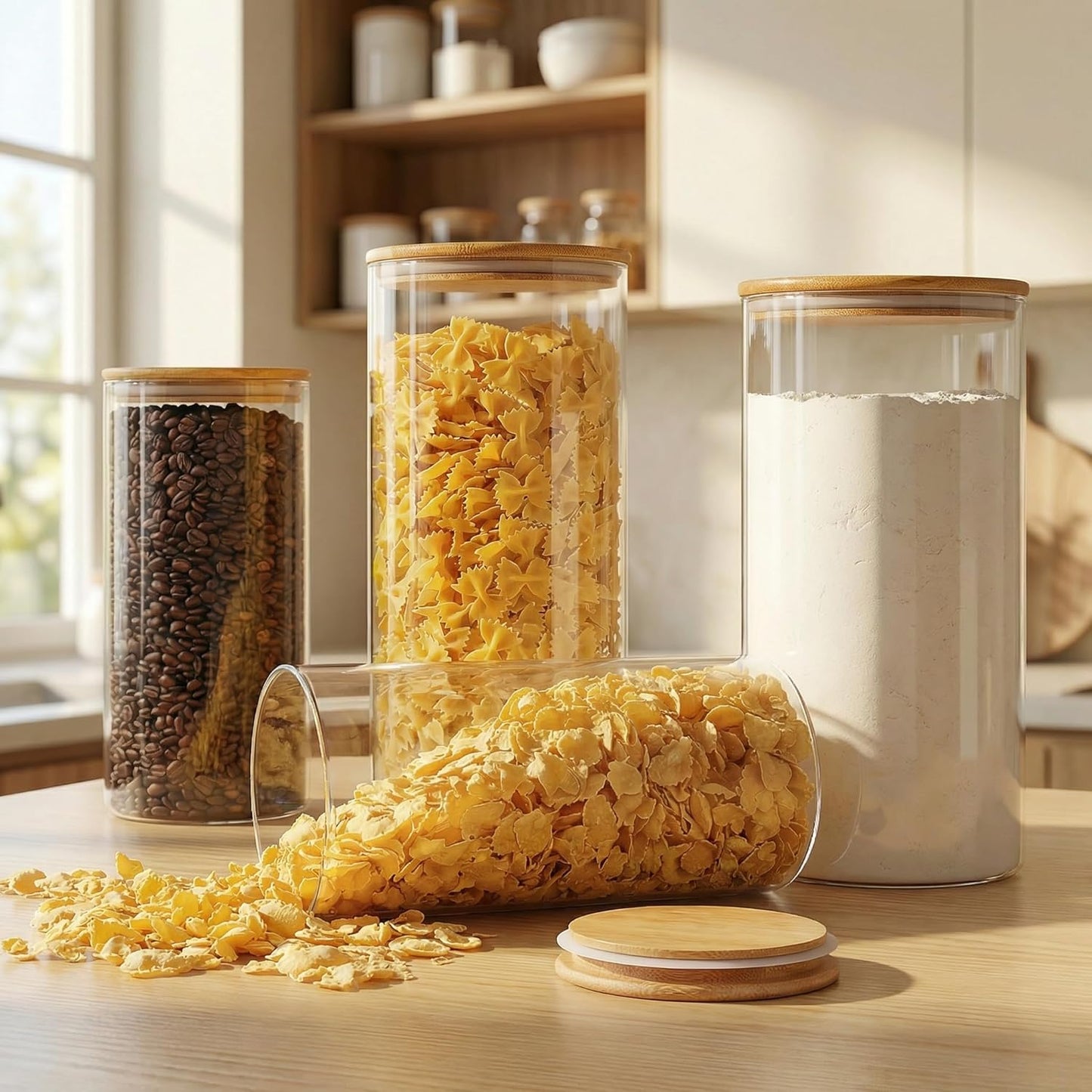 Large Glass Storage Containers with Bamboo Lids for Flour &amp; Sugar, 4 Pack
