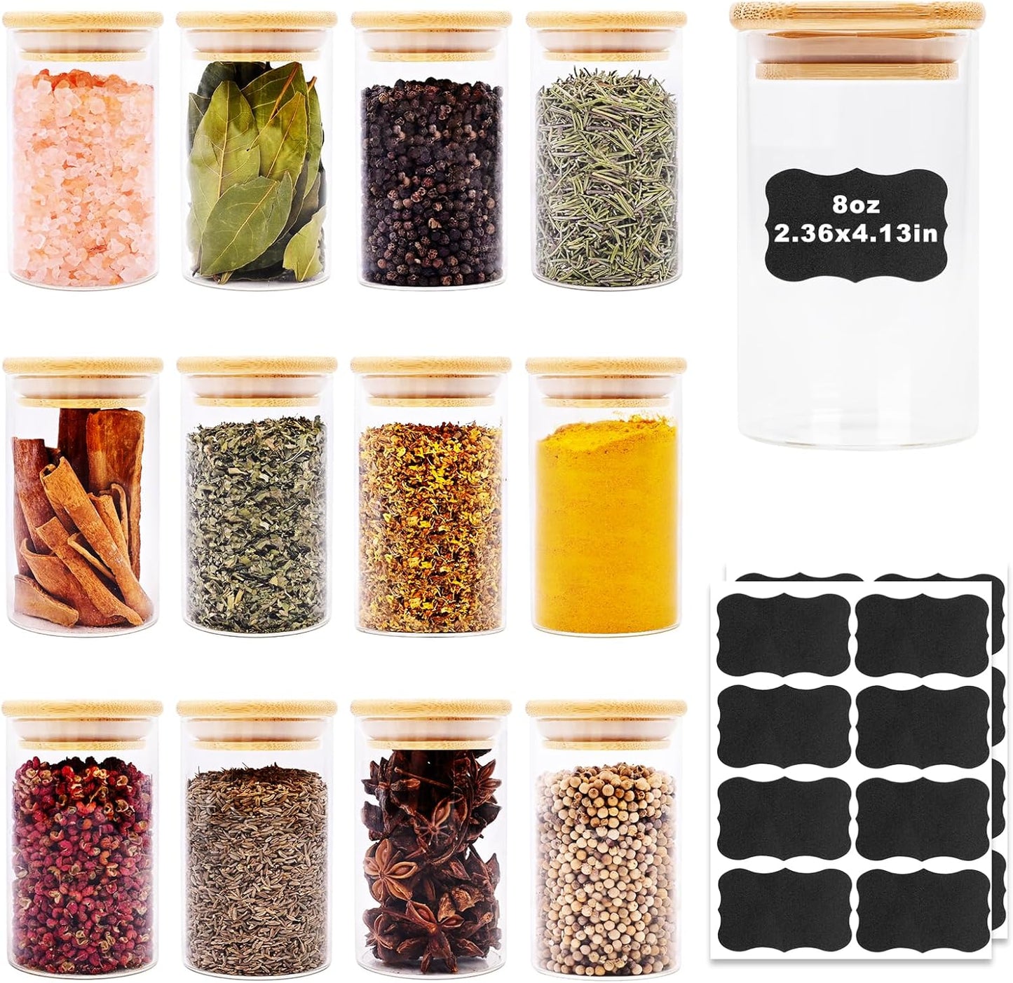 8oz Glass Food Storage Jars, Glass Jars with Bamboo Lids, Kitchen Storage Jars, Set of 12, Canisters