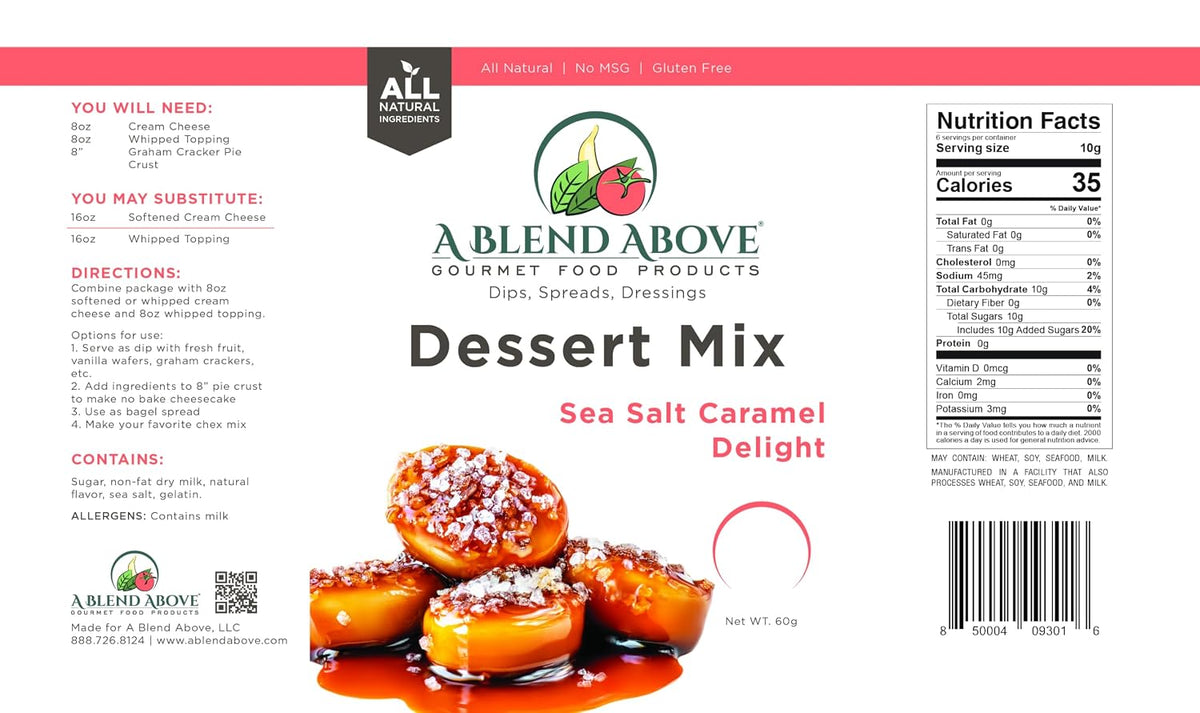 A Blend Above Sea Salt Caramel No-Bake Desserts Mix - All Natural, Gluten Free, No MSG - Instant Dessert Mix, Fruit Dip, Bagel Topping, Frosting, Cheesecake Filling - Makes 16 Oz (Pack of 3)