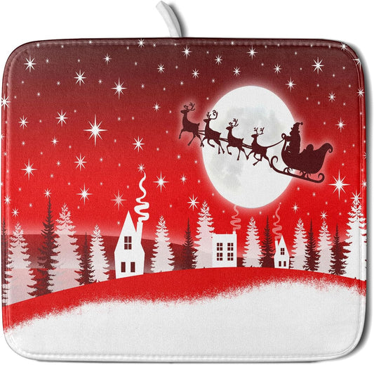 Christmas Reindeer Moon Star Red Dish Drying Mat for Kitchen Counter,White Xmas Tree Castle Drying Mat 16 x 18 Inch with