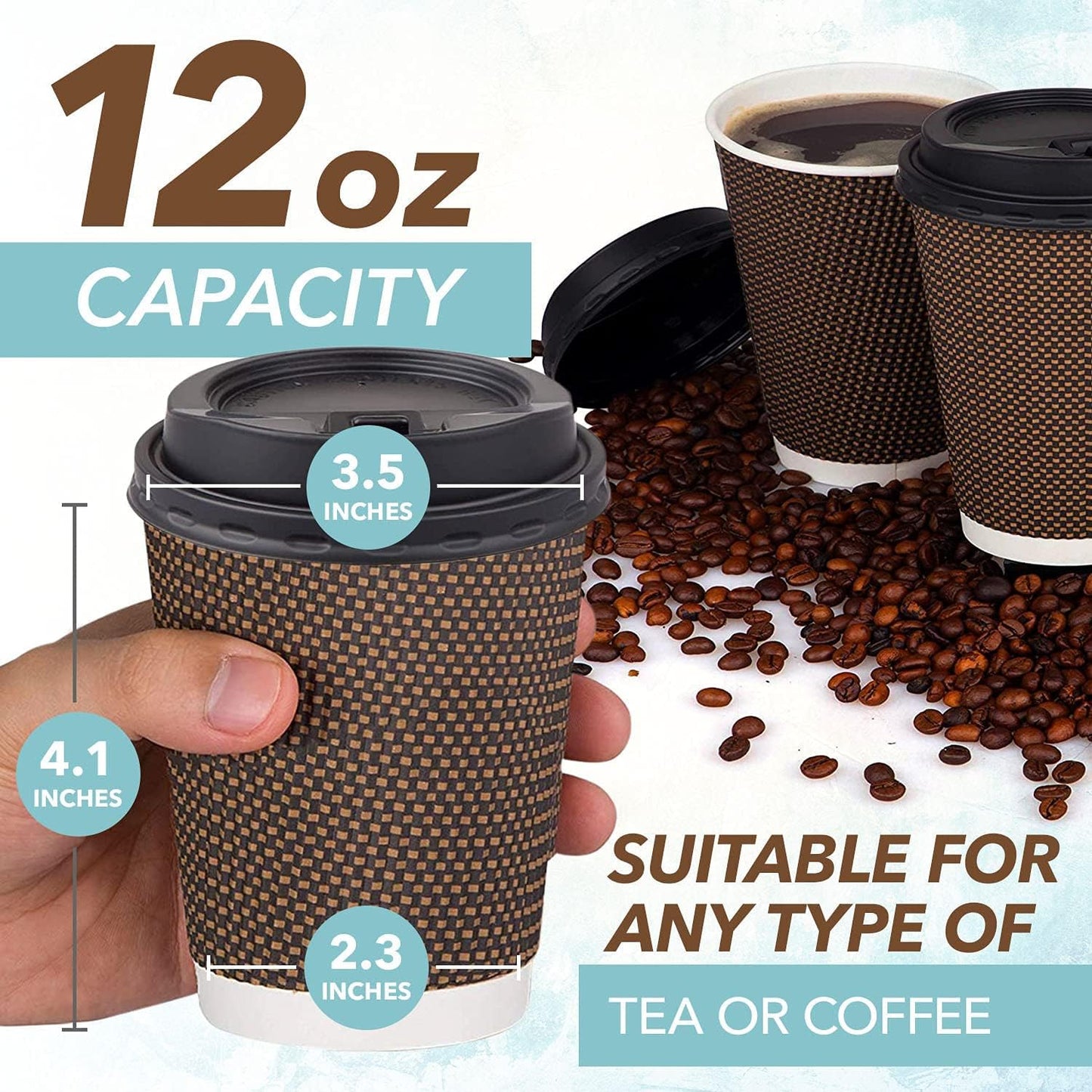 Promora Brown Disposable Coffee Cups With Lids 12 oz, Premium Insulated Paper Ripple Cups for Hot Coffee, Paper Coffee Cup with Lids (80 Pack)