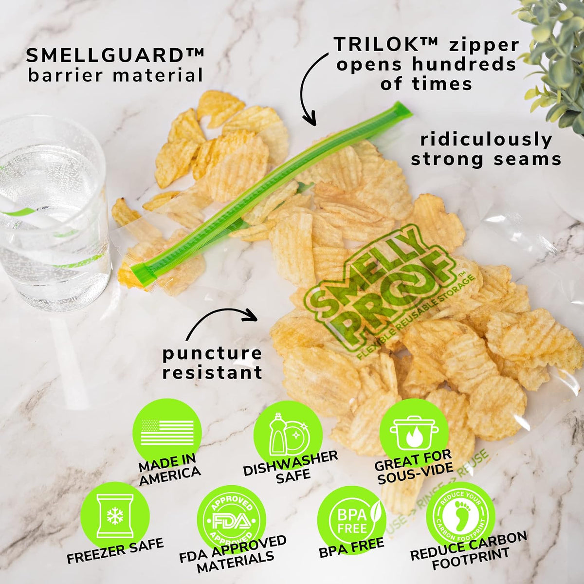 Smelly Proof Reusable Food Storage Bags Designed & MFG, USA MADE, Dishwasher-Safe, Easy-To-Clean, BPA FREE, NO PEVA, Clear FLAT Large 3-mil Thick, 8.5" x 10", Quart Size Bags, 10-Pack