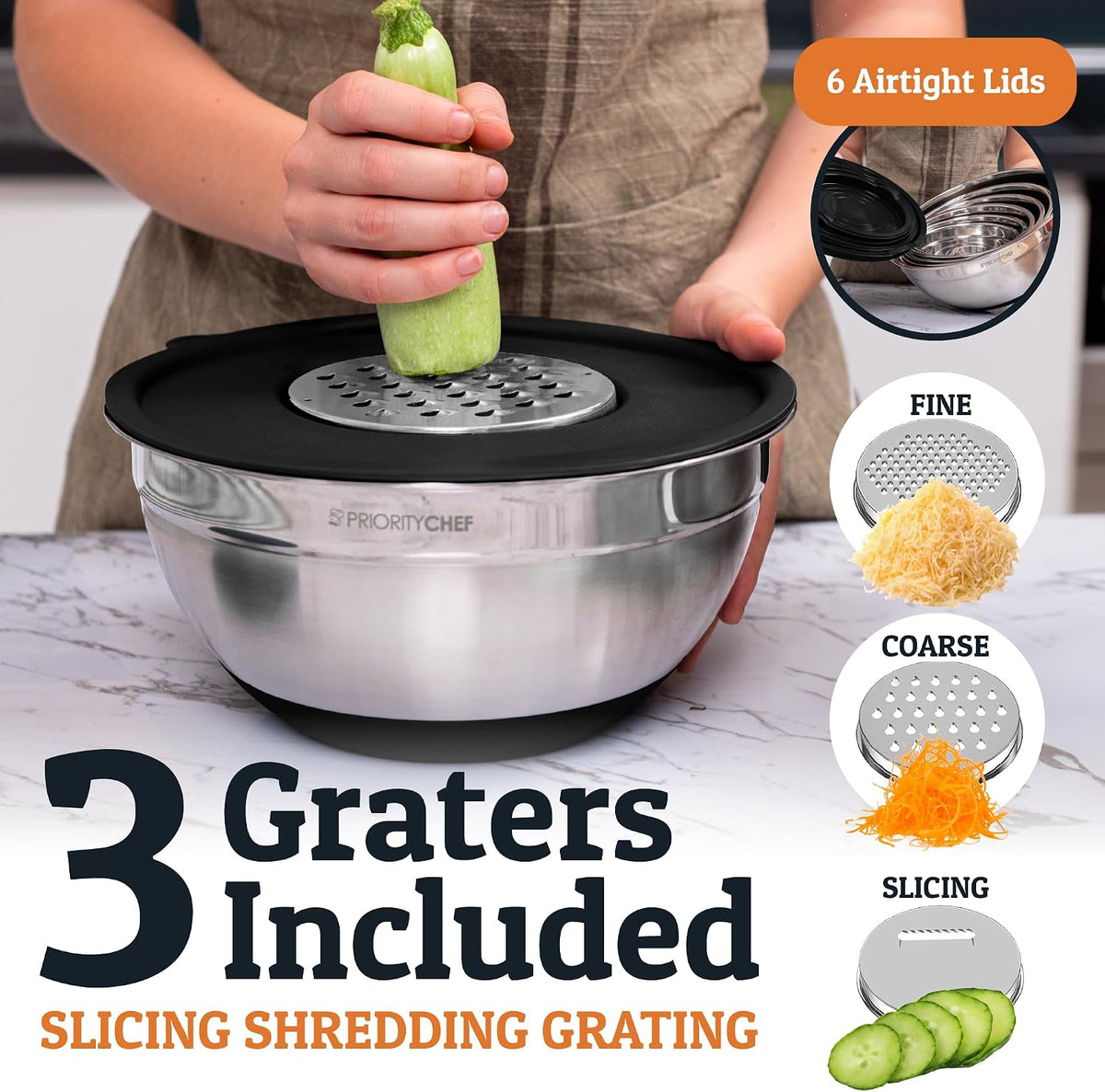 Priority Chef 6pc Stainless Steel Mixing Bowls with Lids Set