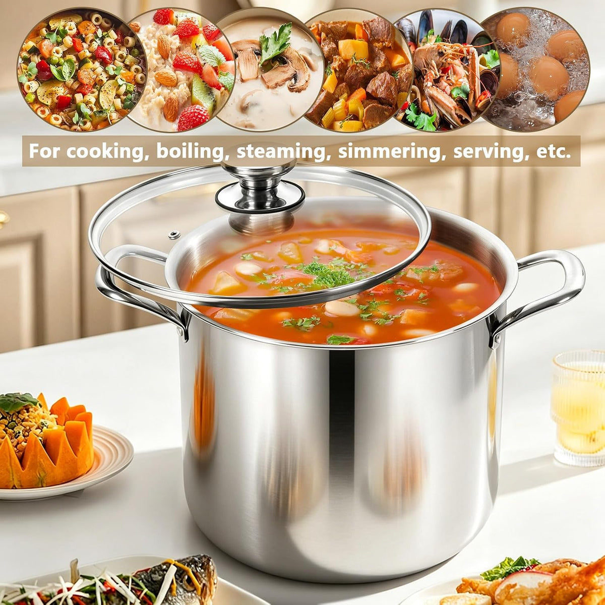 P&P CHEF 12 Quart Tri-Ply Stainless Steel Stockpot, Stock Pot with Visible Lid for Soup Pasta Vegetable, Induction Cooking Pot for All Stoves, Sturdy & Double Handle, Dishwasher Safe