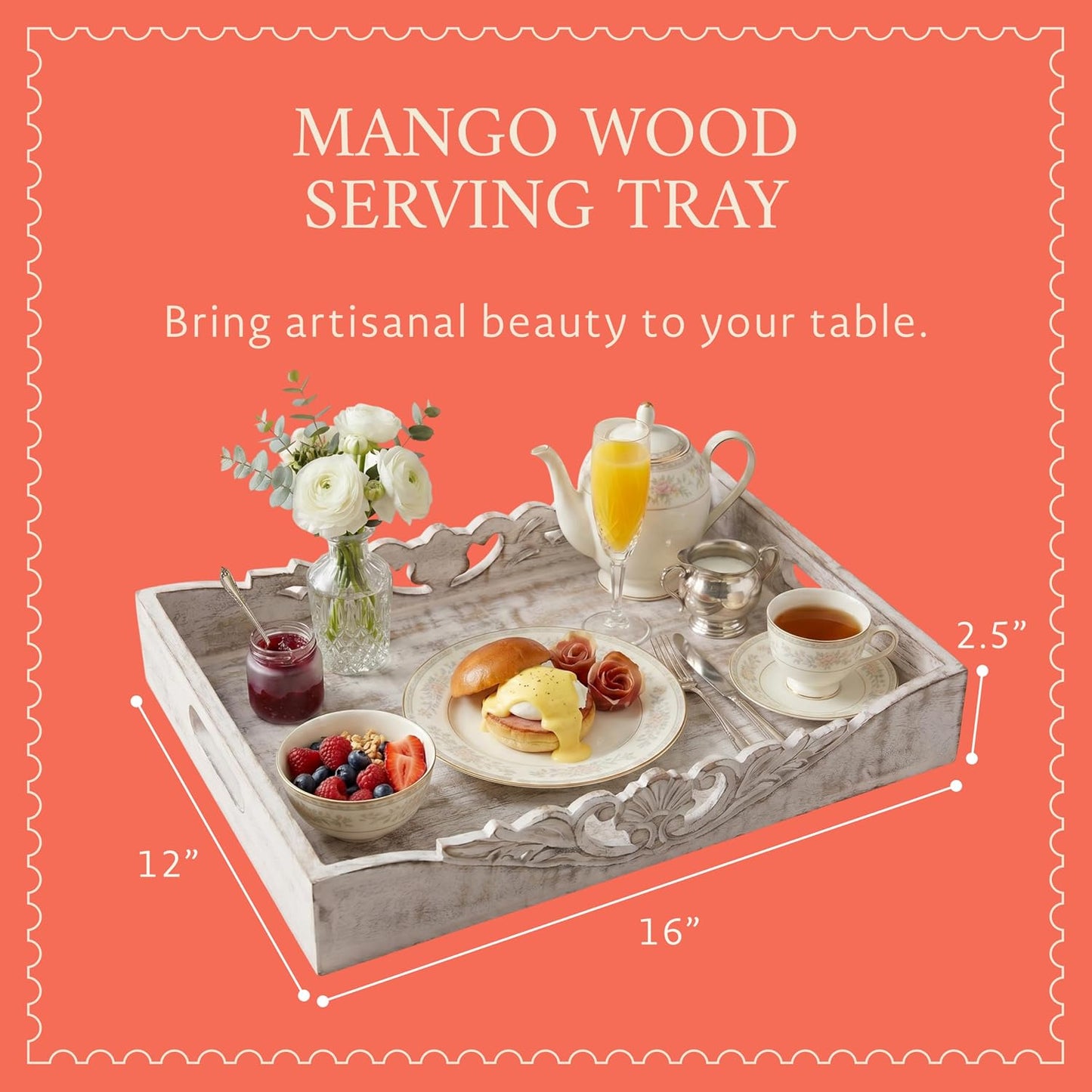 Mela Artisans Orchid Mango Wood Serving Tray - Distressed White, 16x12 in | Ottoman serving tray layout with handles, large handcrafted wooden board excellent for hot coffee, snacks and home décor.