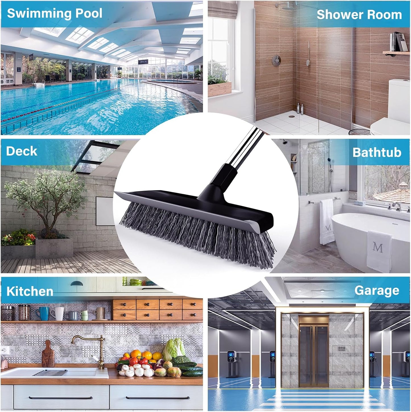 ITTAR Floor Scrub Brush with 55" Long Handle, 10" Wide Stiff Bristles Deck Brush, Stainsless Steel Pole Heavy-Duty Cleaning Brush, 2-in-1 Scrubber with Ruber Squeegee for Deck, Patio, Pool, Tile, Wall
