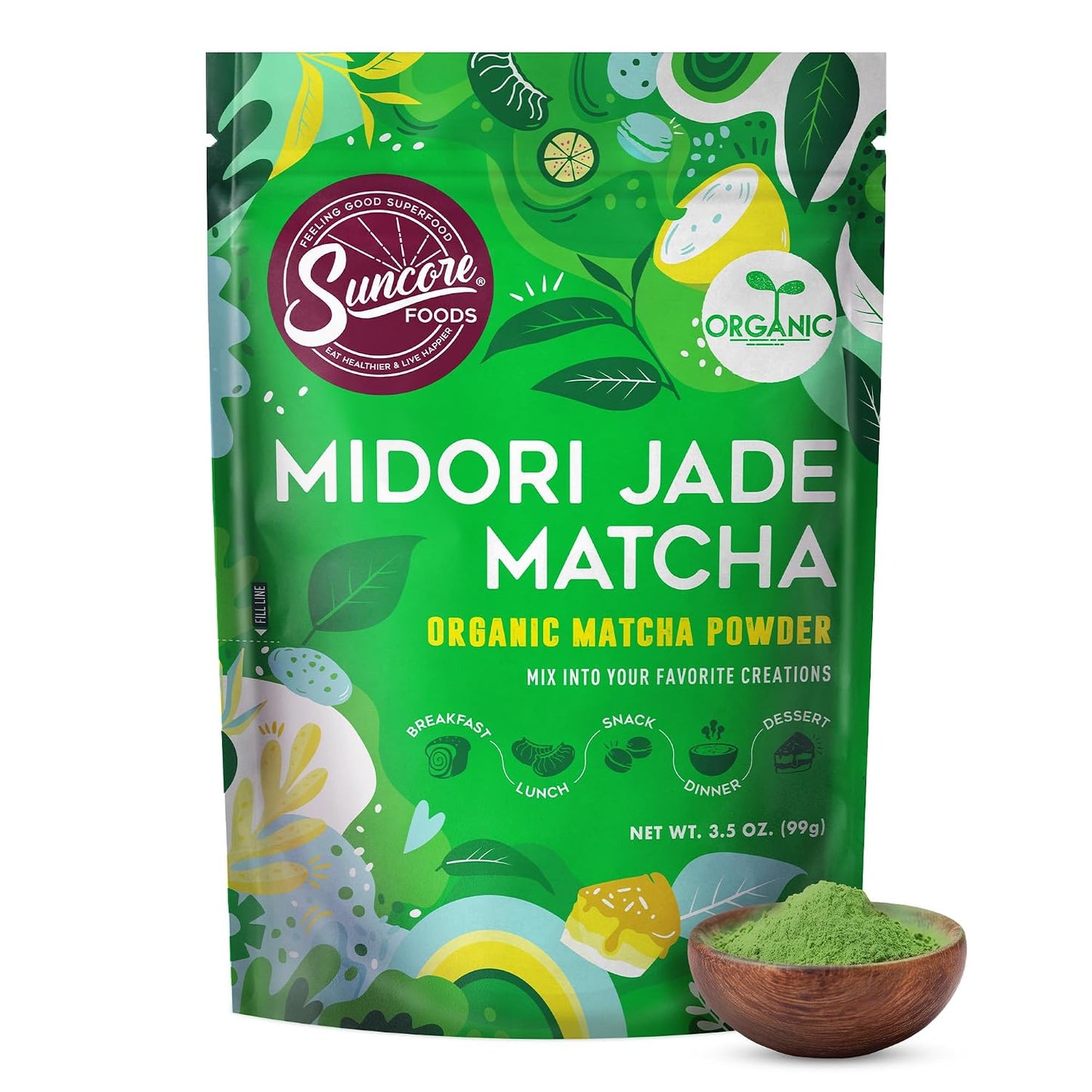 Suncore Foods Organic Midori Jade Matcha Powder 3.5oz | Gluten Free | Vegan | Natural Green Food Coloring, Japanese Premium Culinary Grade Matcha, For Baking, Desserts, Lattes, Non-GMO, Resealable Pouch