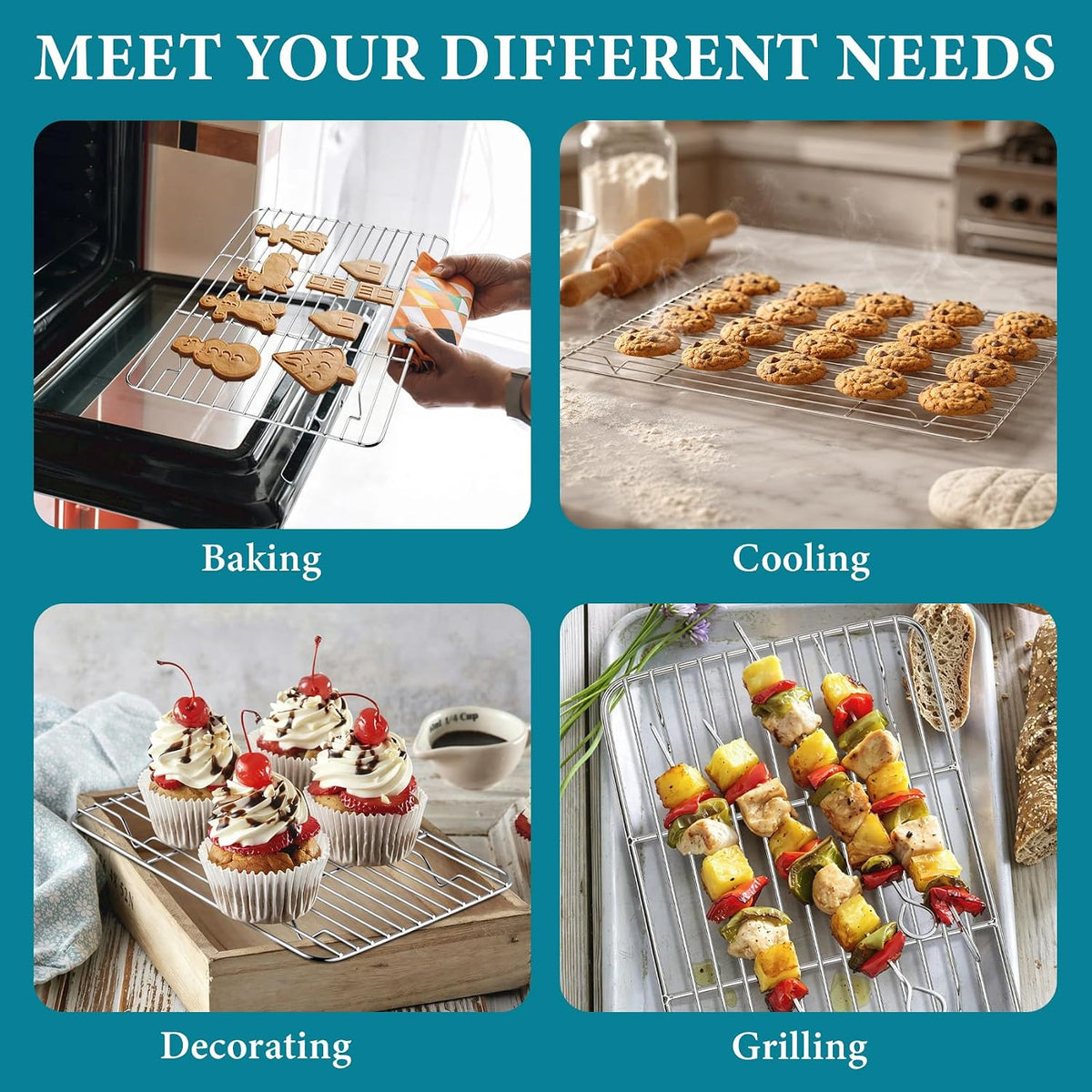 TeamFar Cooling Rack, Silver Stainless Steel Baking Rack for Oven | 15.3/ 11.6/ 9.8/ 8.7 Inch Wire Roasting Rack for Baking Pans, Cookie Cupcake for Christmas Holiday, Dishwasher Safe - 4PCS