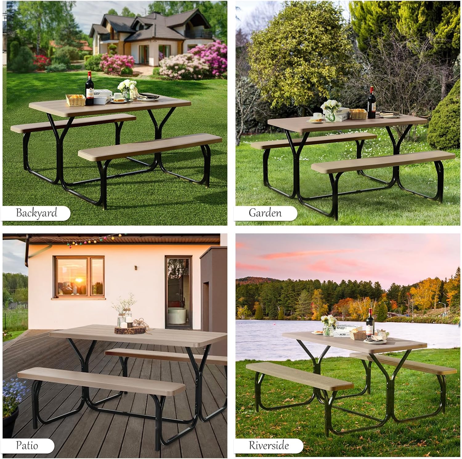 Giantex Picnic Table Bench Set Outdoor Camping All Weather Metal Base Wood-Like Texture Backyard Poolside Dining Party G
